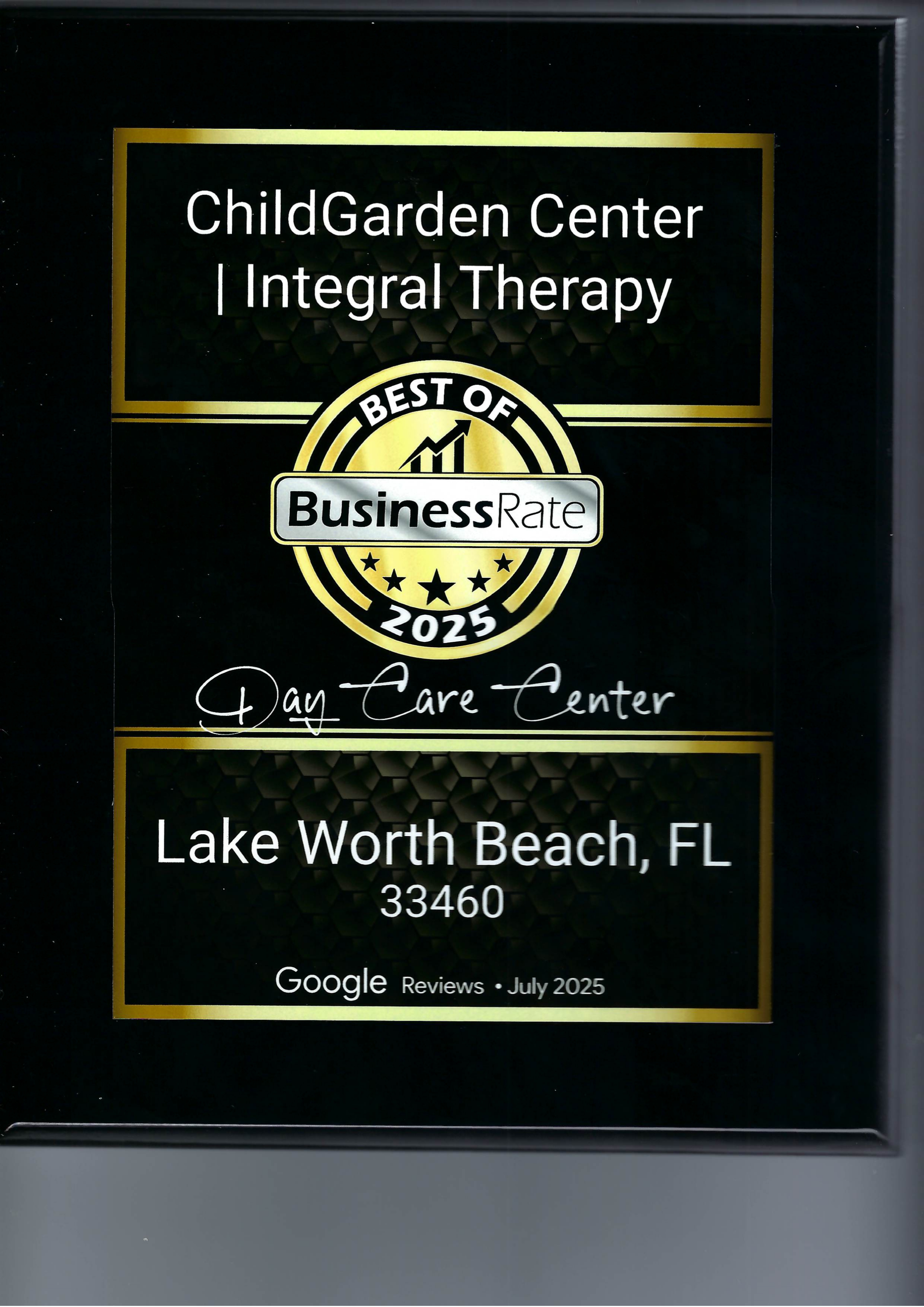 Premio Best of BusinessRate 2025 otorgado a ChildGarden Center en Lake Worth Beach, Florida